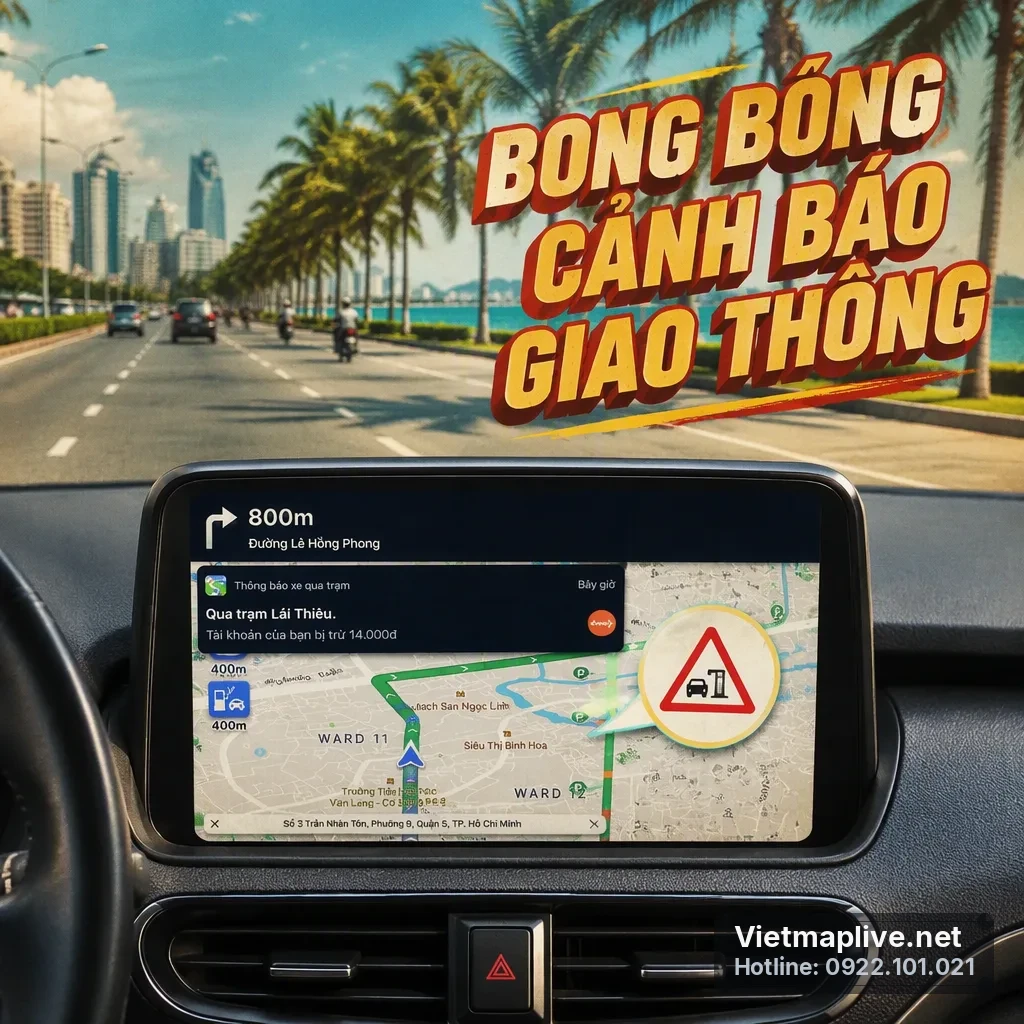 Bong bóng cảnh báo giao thông trên màn hình iPhone, hiển thị đồng thời với Google Maps.