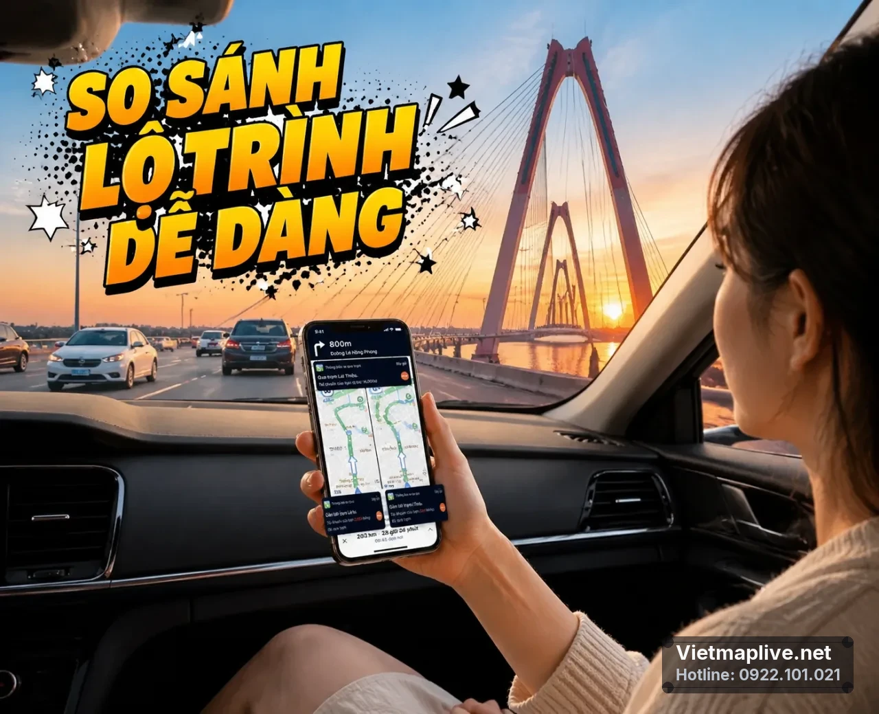 Màn hình điện thoại hiển thị so sánh lộ trình từ VietMap và Google