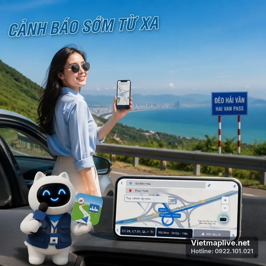 Màn hình điện thoại VietMap Live hiển thị cảnh báo đo khoảng cách an toàn trên cao tốc