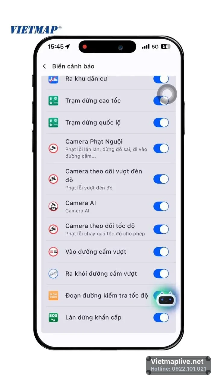 Giao diện cài đặt bật các cảnh báo giao thông trên ứng dụng VietMap Live