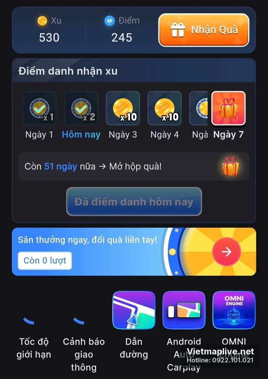 Giao diện điểm danh nhận xu hằng ngày trên ứng dụng VietMap Live