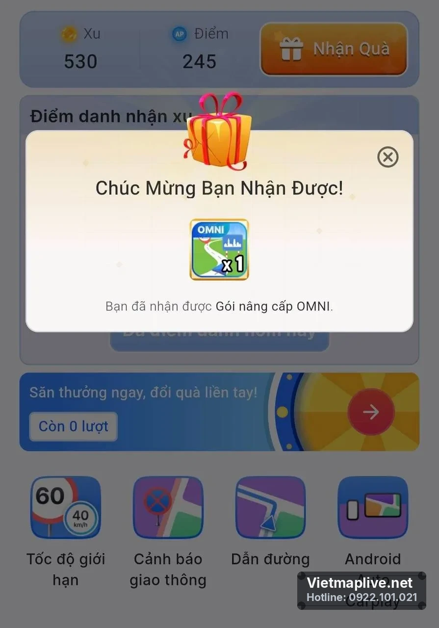 Hộp quà mở ra gói nâng cấp VietMap Live OMNI trên màn hình điện thoại