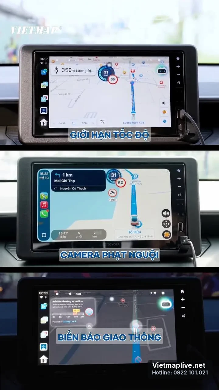 Màn hình xe hiển thị tính năng cảnh báo giới hạn tốc độ trên VietMap Live.