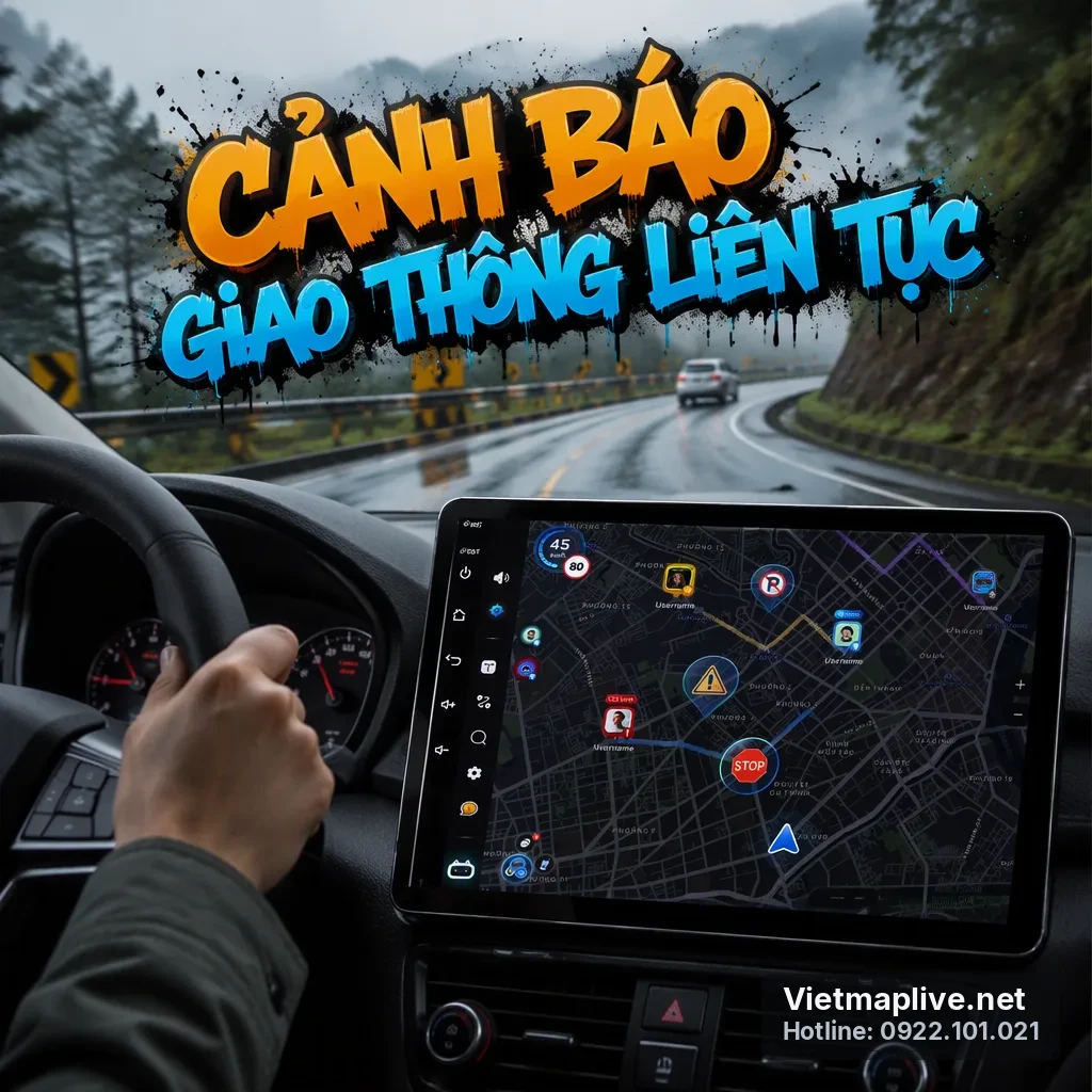 Màn hình xe hiển thị cảnh báo camera giao thông trên lộ trình