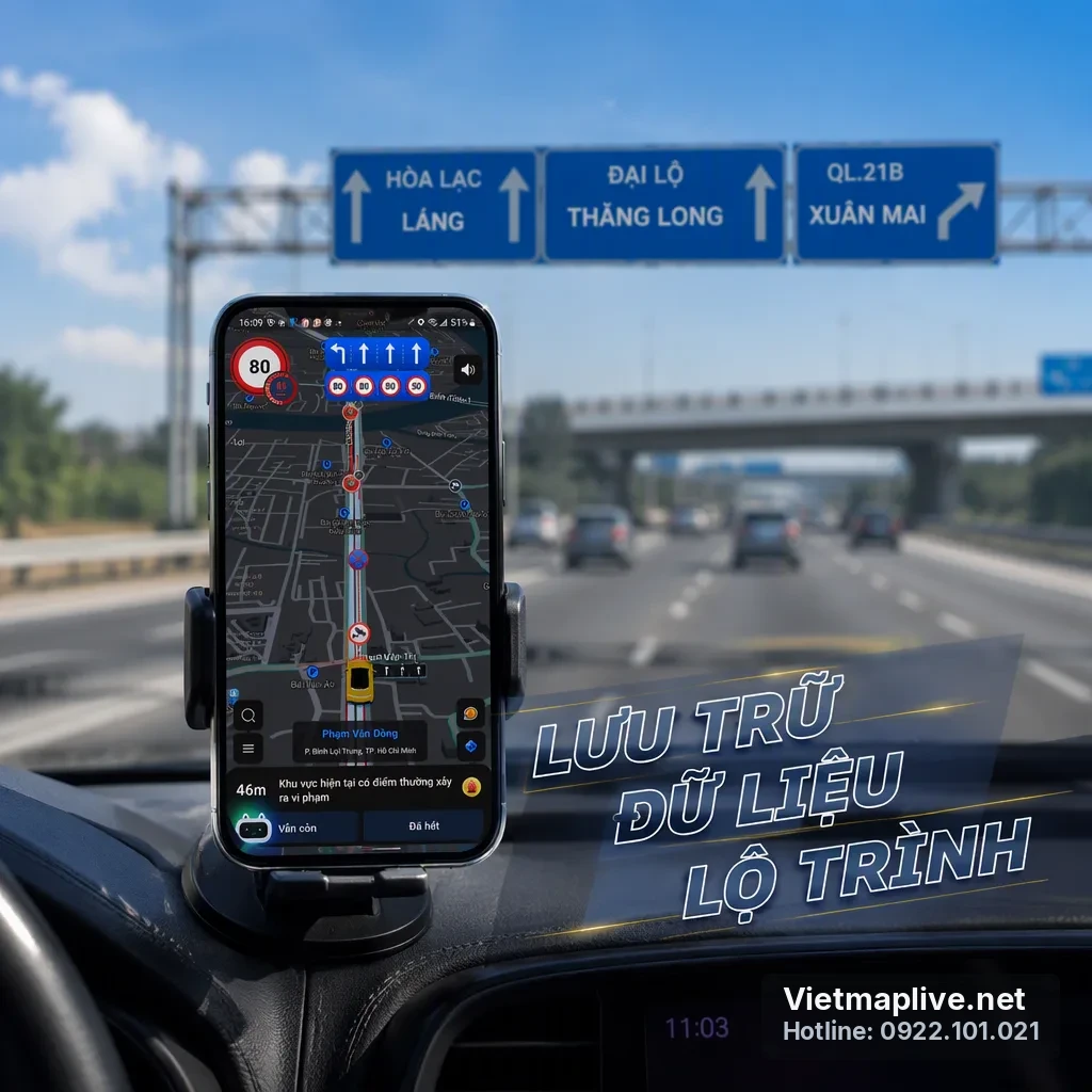 Điện thoại hiển thị lộ trình với chế độ Hybrid qua hầm
