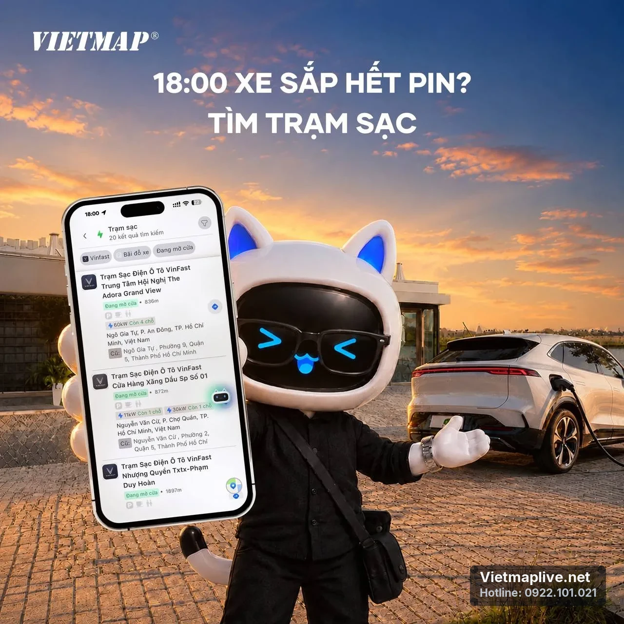 Giao diện VietMap Live tìm kiếm trạm sạc xe điện