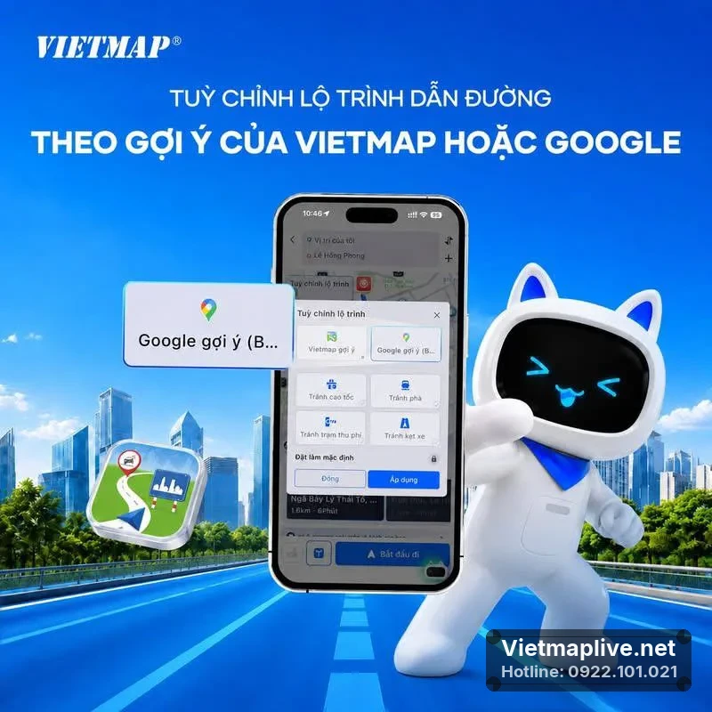 Giao diện VietMap Live với tùy chọn lộ trình từ VietMap hoặc Google