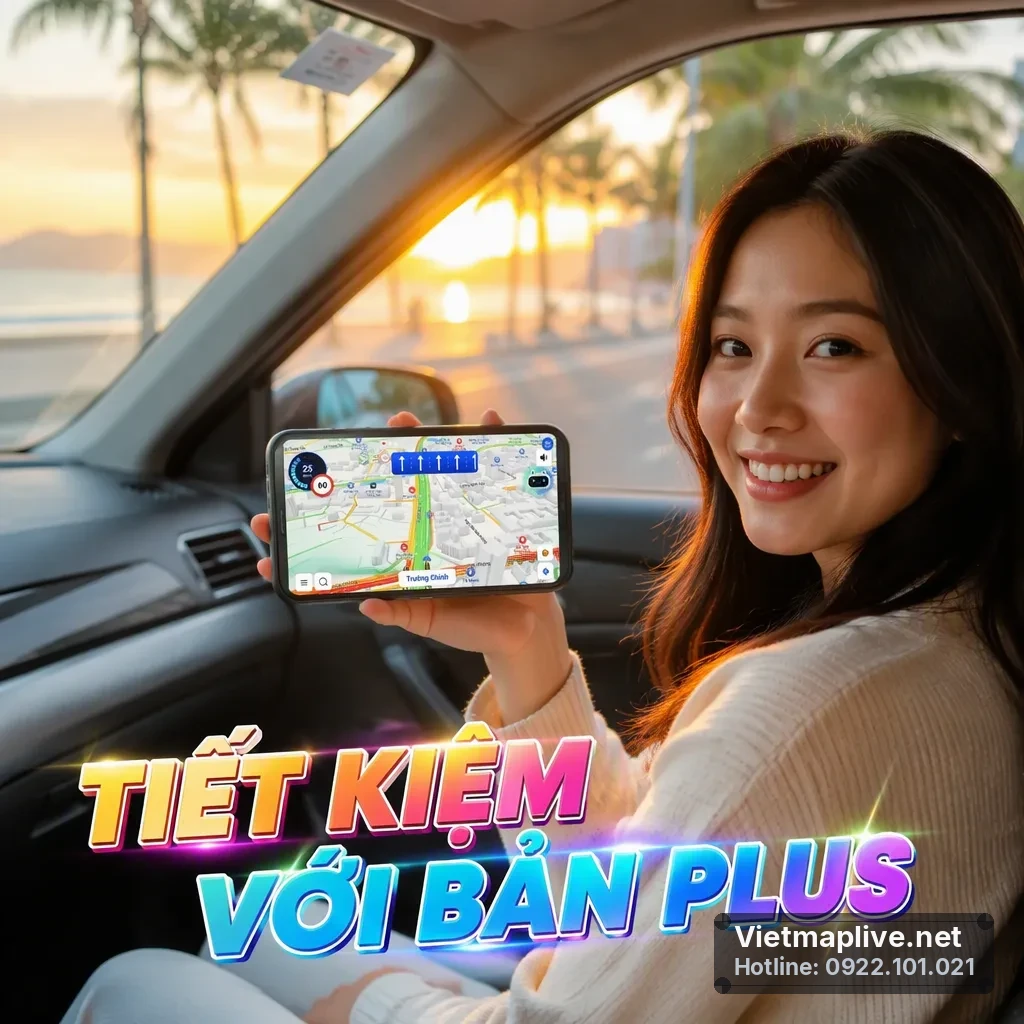 Điện thoại hiển thị giao diện VietMap Live trên giá đỡ trong xe
