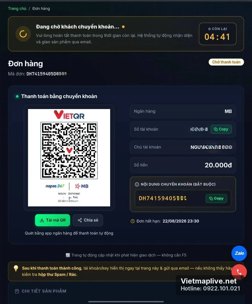 Giao diện thanh toán qua mã QR VietQR trên Vietmaplive.net