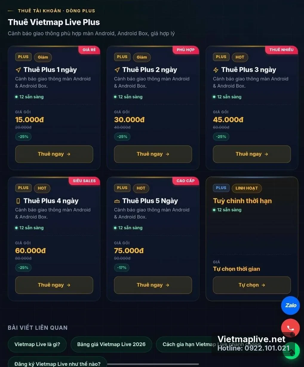 Bảng giá thuê tài khoản VietMap Live Plus dành cho màn Android