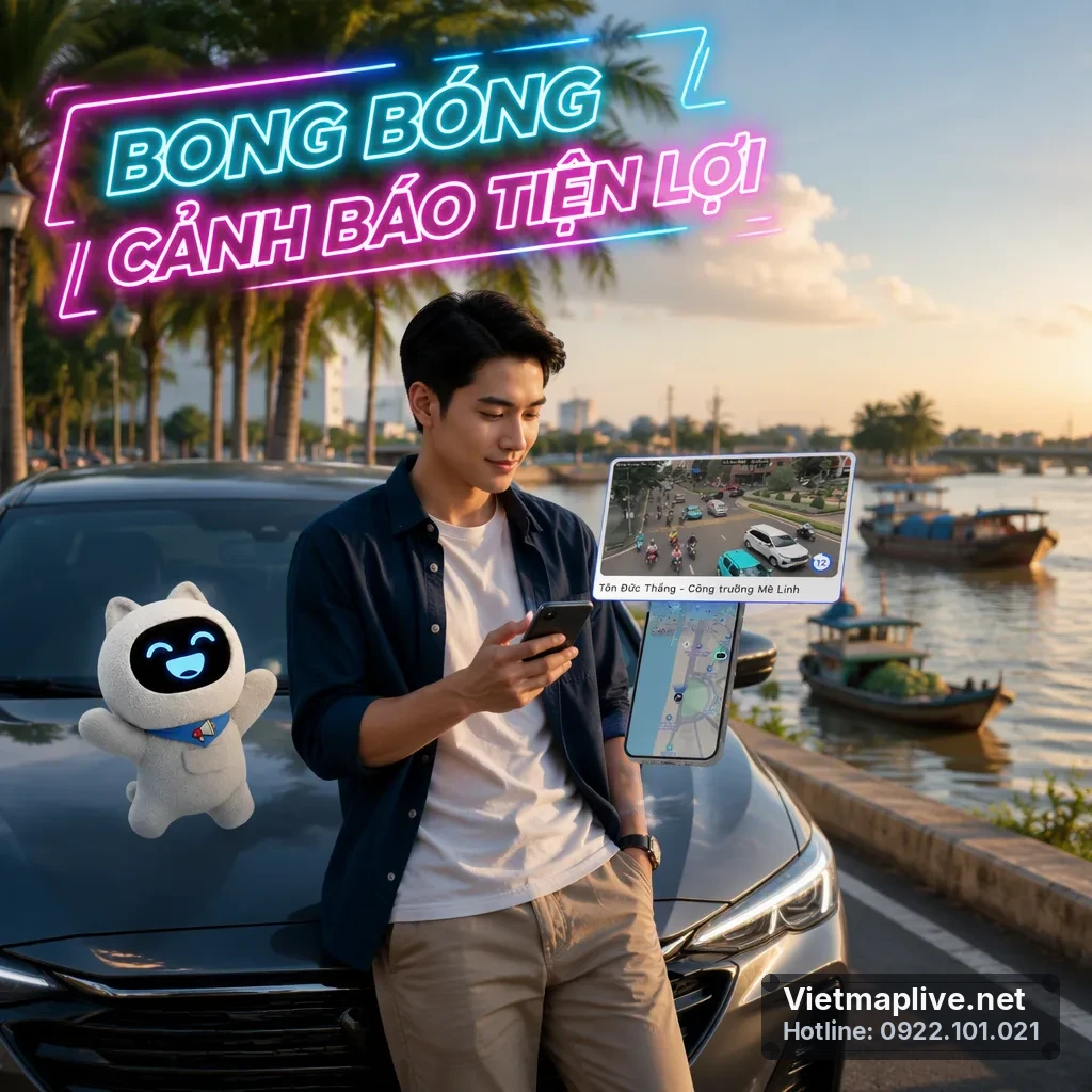 Bong bóng cảnh báo giao thông nổi trên Google Maps qua VietMap Live.