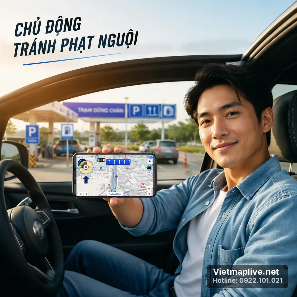 Giao diện VietMap Live trên màn hình điện thoại với cảnh báo biển báo giao thông