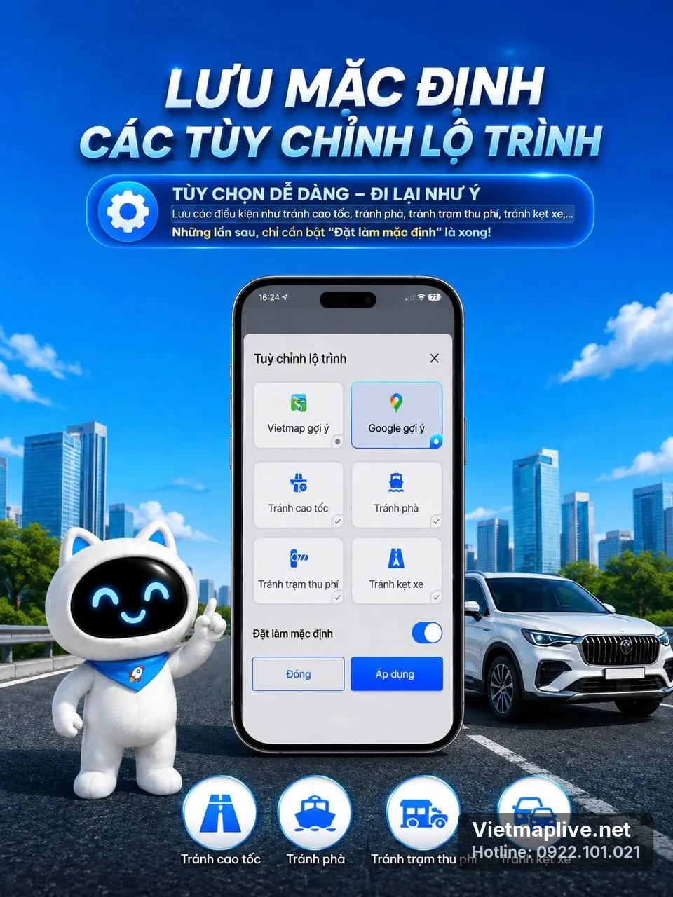 Lưu mặc định các tùy chỉnh lộ trình trong giao diện VietMap Live trên điện thoại.