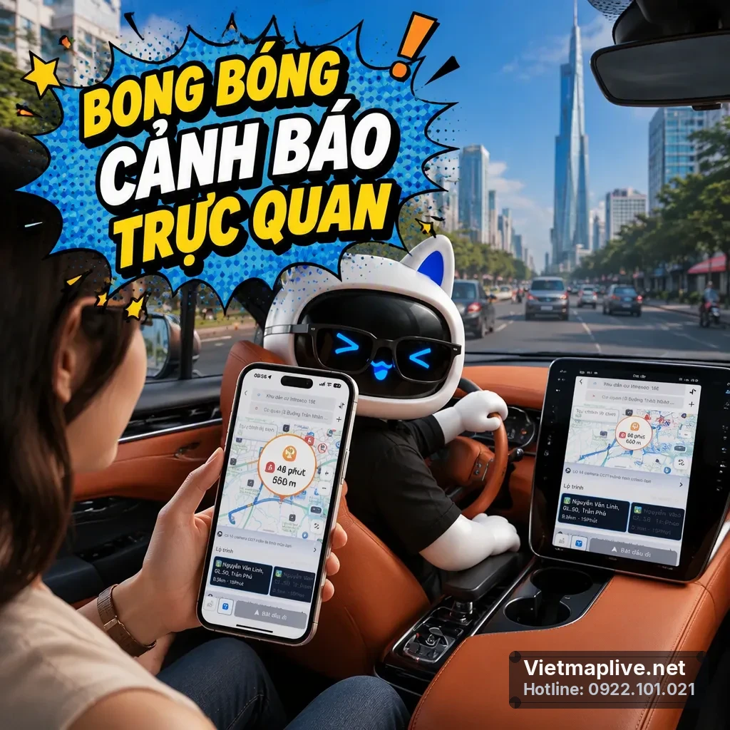 Điện thoại hiển thị bong bóng cảnh báo giao thông trên ứng dụng dẫn đường VietMap Live.