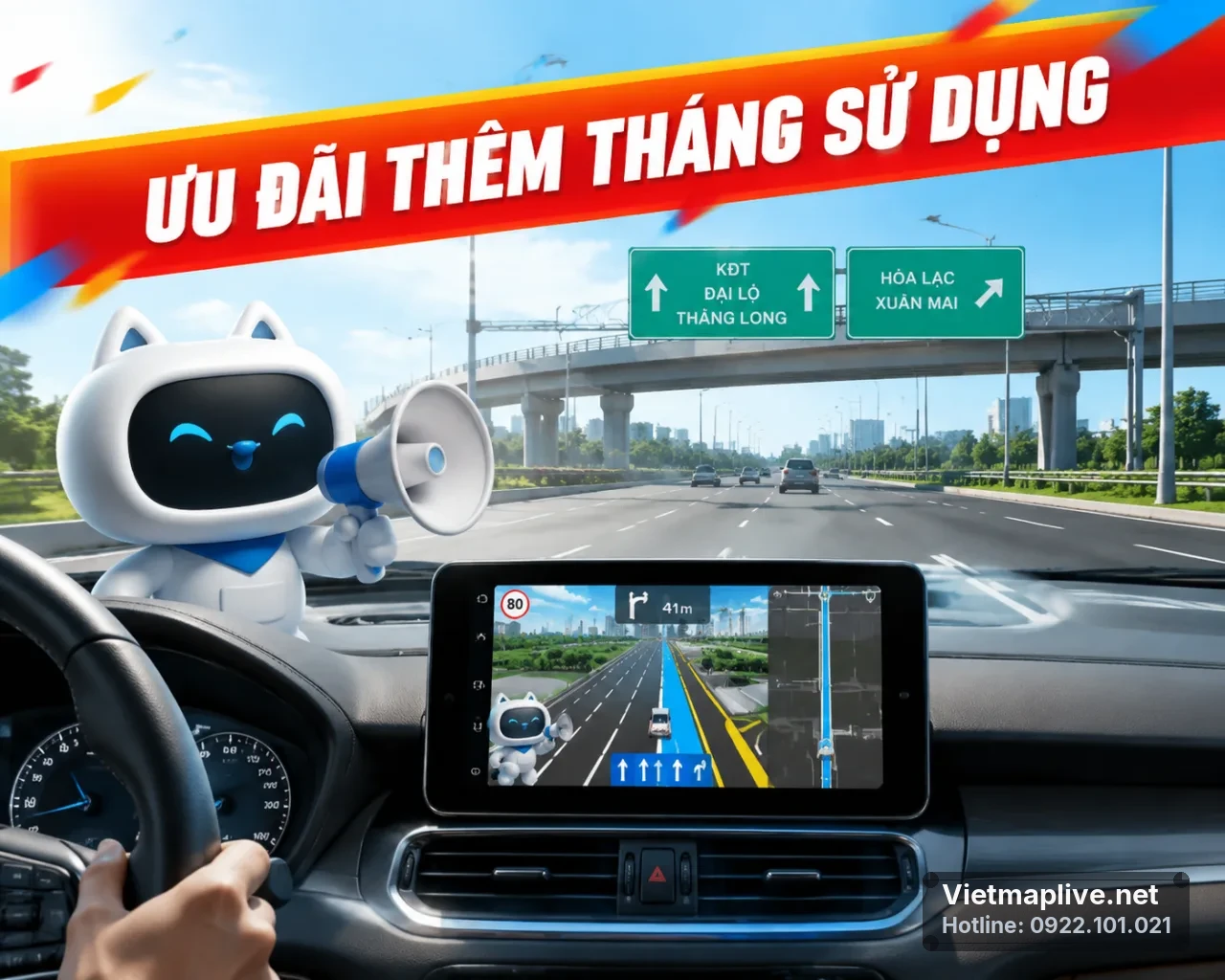 Linh vật VietMap cùng xe thể thao màu xanh bên khung cảnh thành phố
